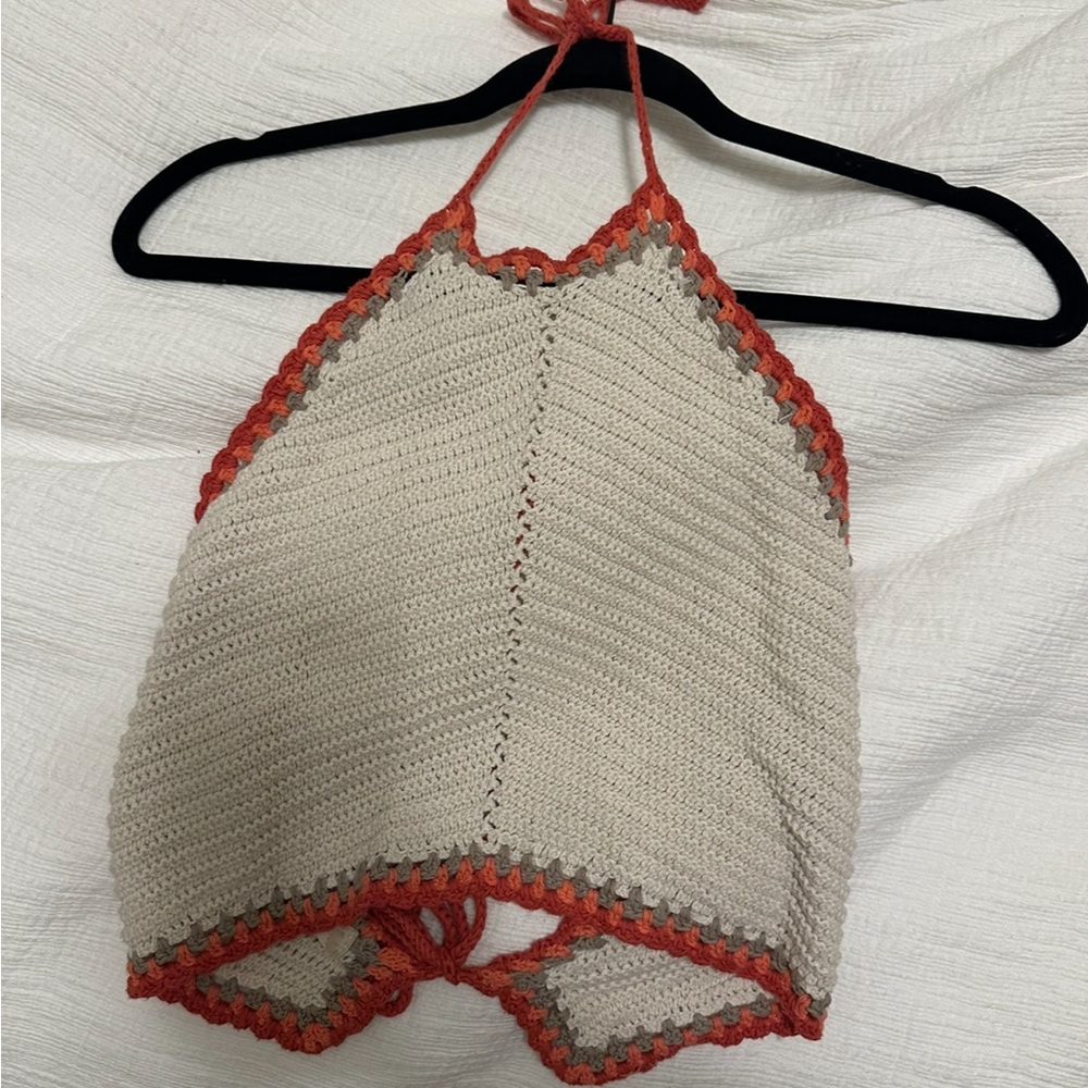 Crochet Halter Top - Cream and Orange